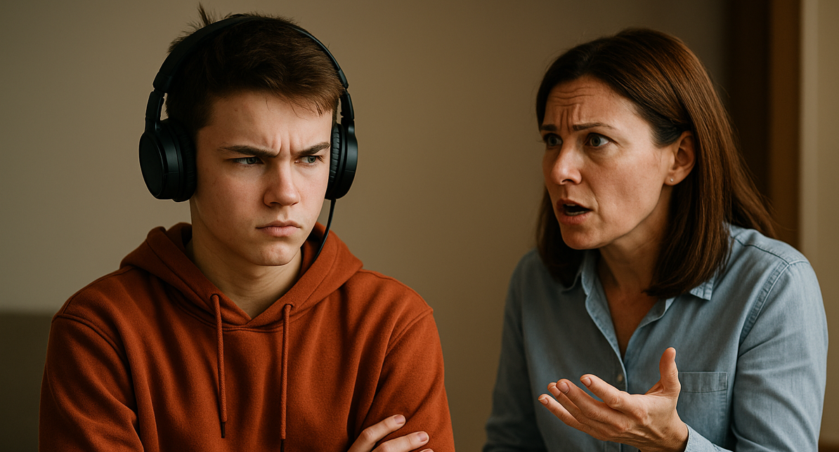 Mother trying to talk to stern teenage son who is wearing headphones