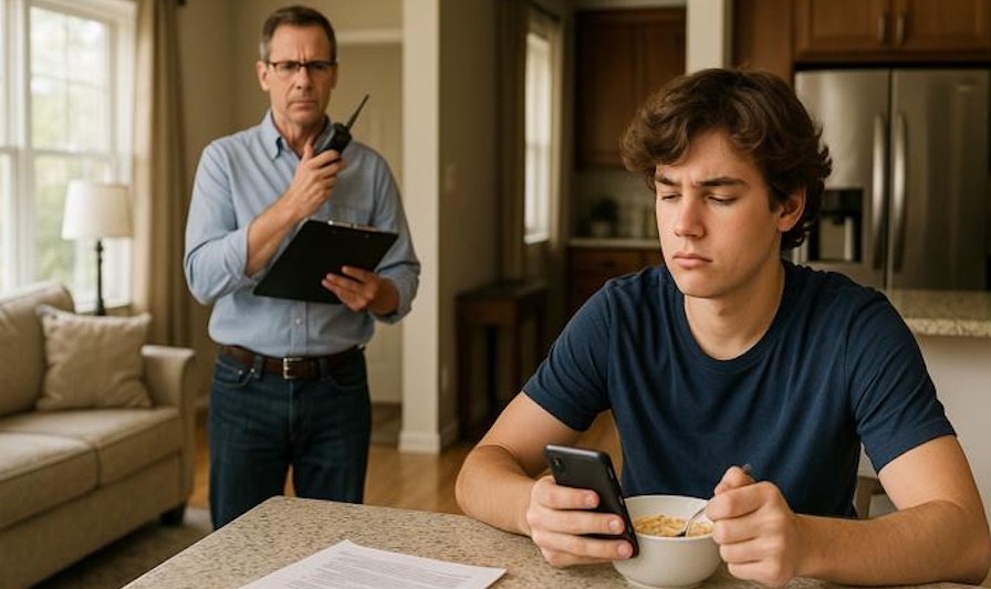 Parent watches from afar holding a clipboard like a control tower manager, while teen eats cereal and texts, oblivious to the oversight